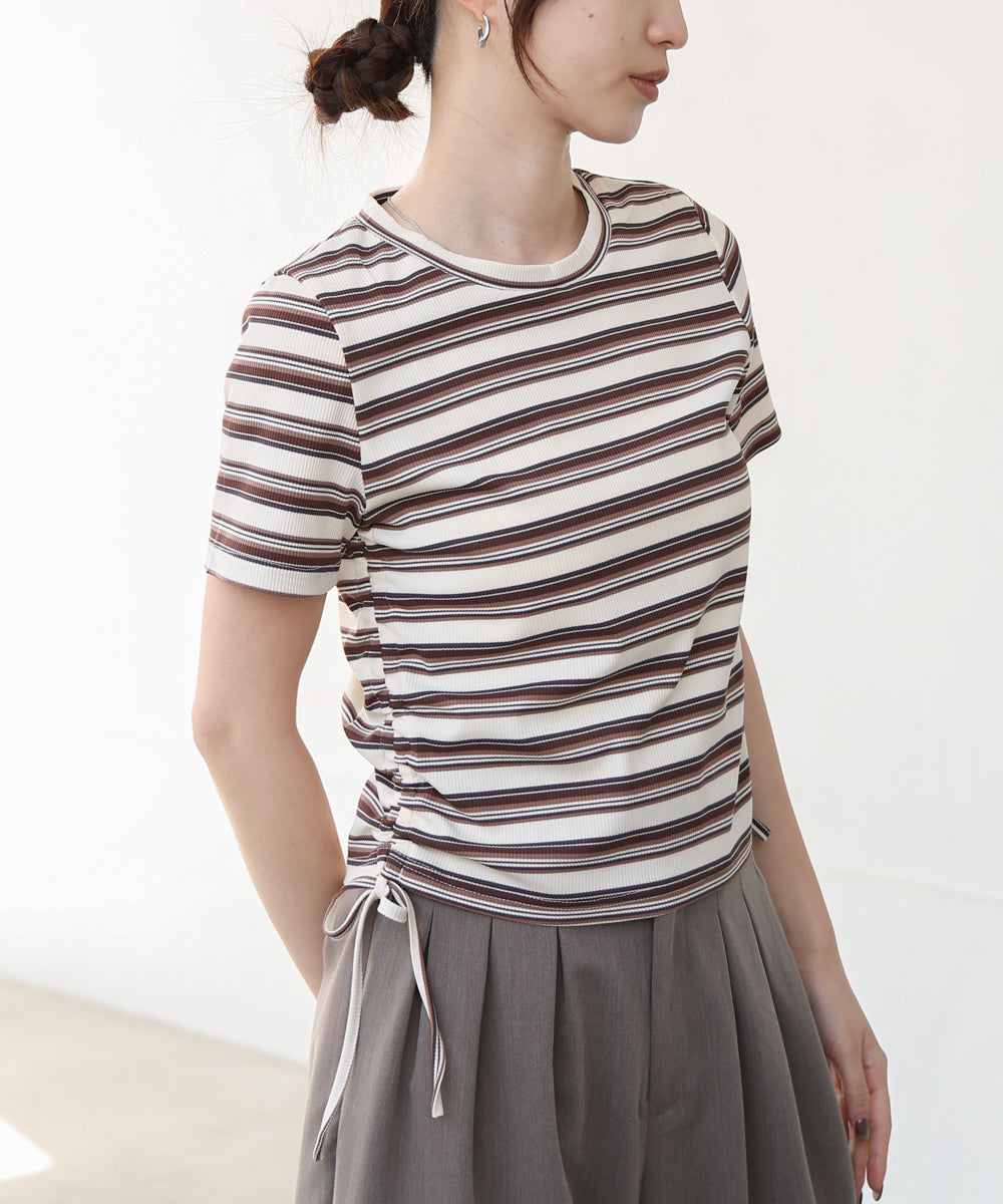 マルチボーダーサイドシャーリングTシャツ