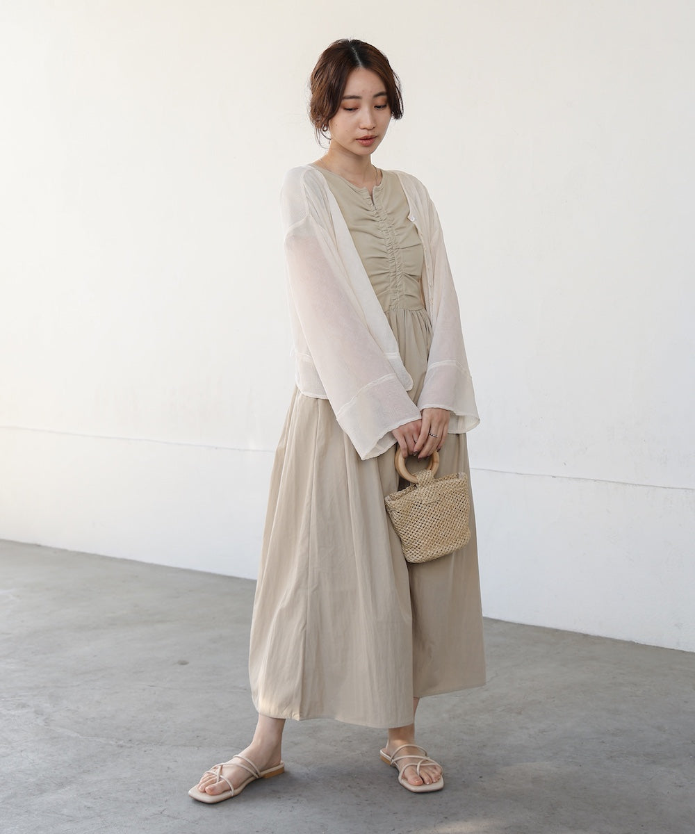 フロントギャザー異素材ドッキングワンピース