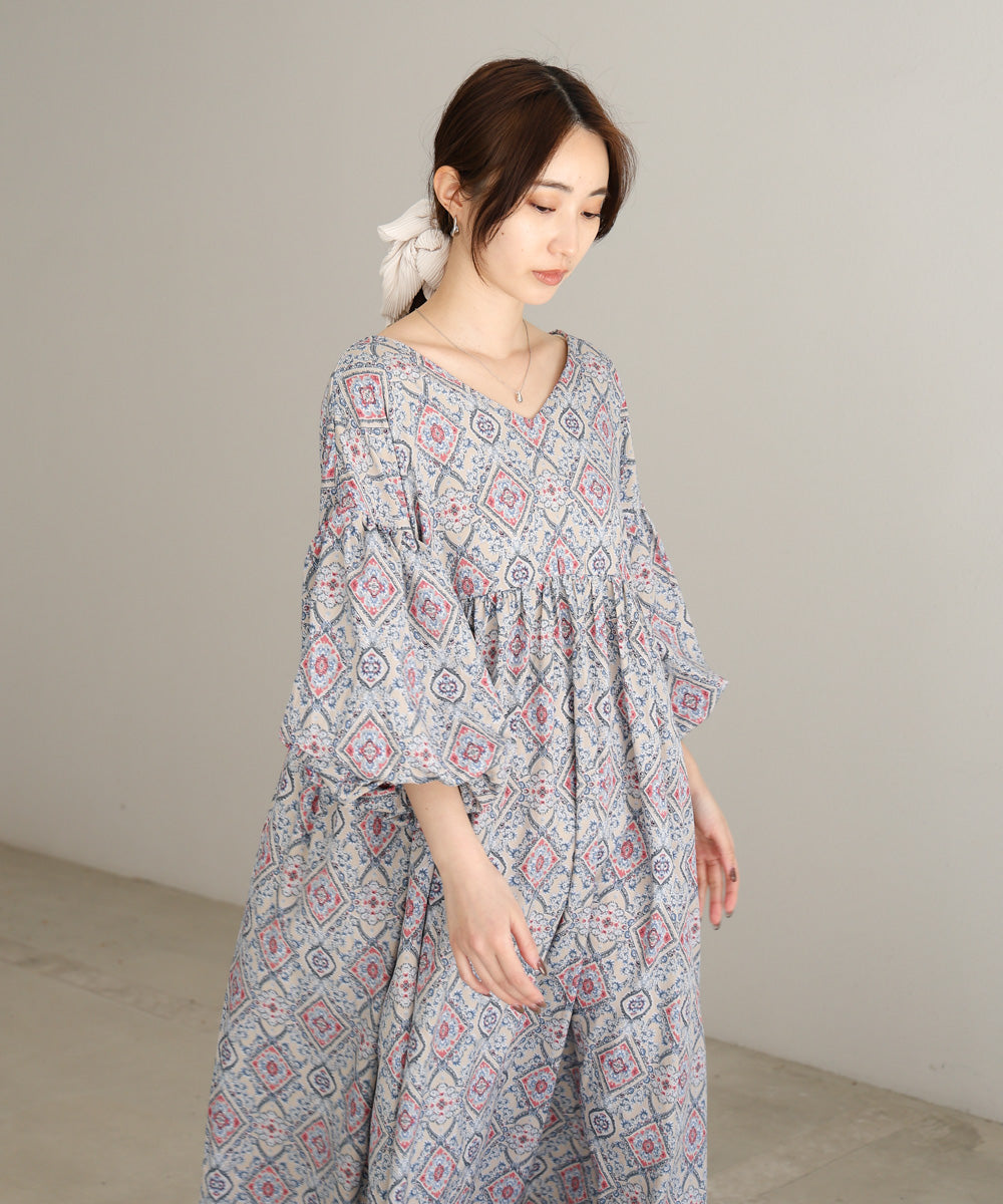 バルーン袖ミドル丈プリントワンピース