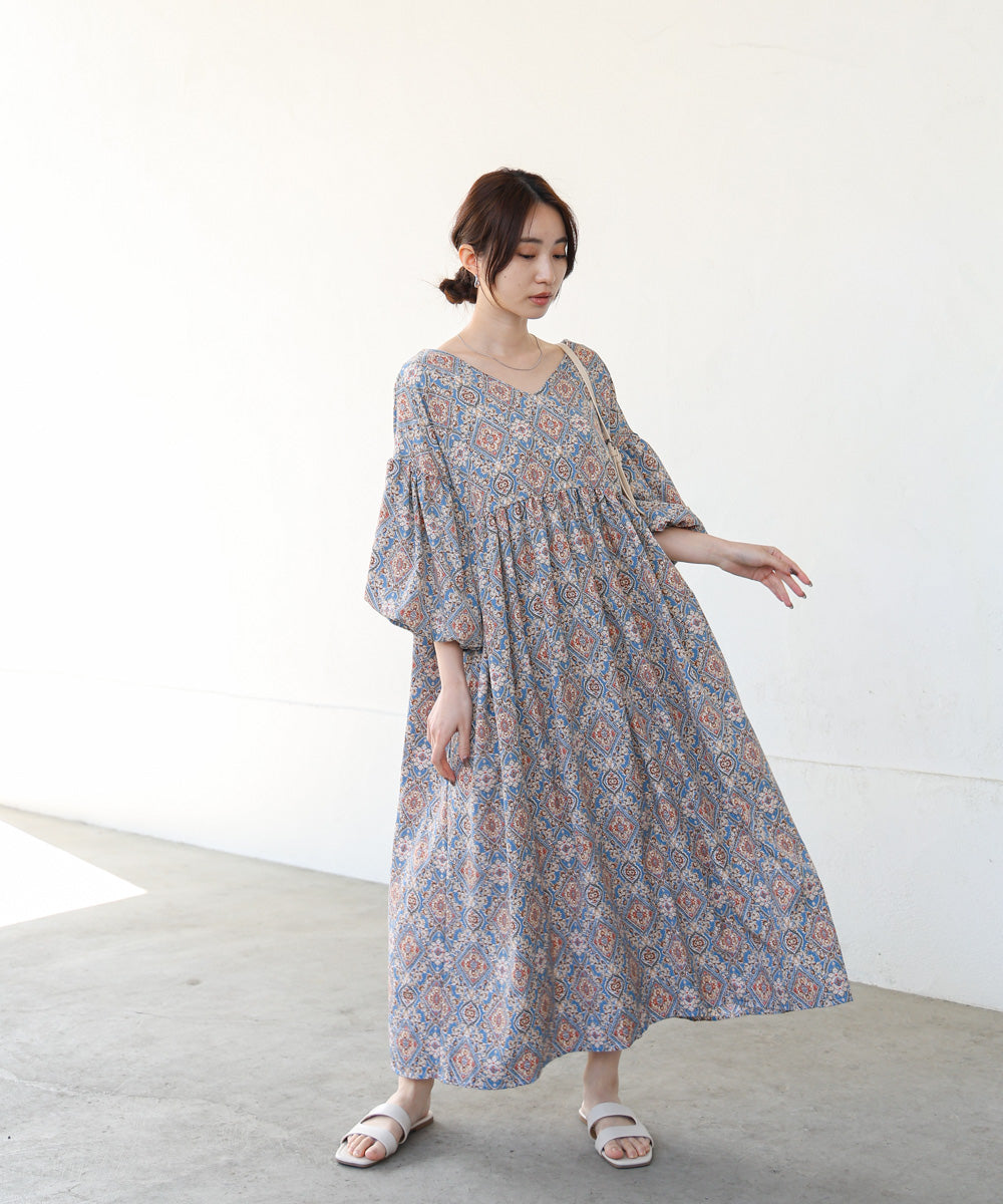 バルーン袖ミドル丈プリントワンピース