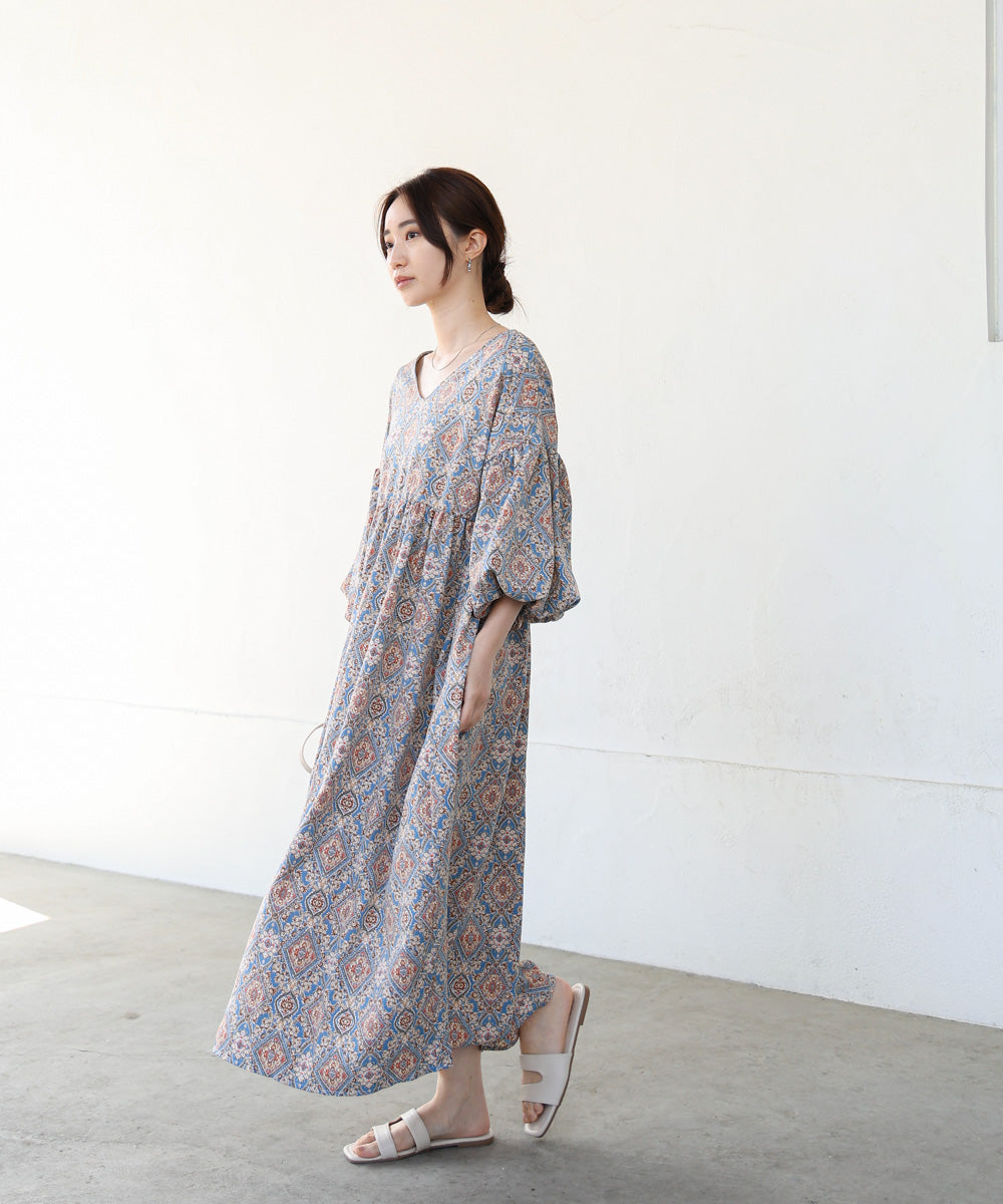 バルーン袖ミドル丈プリントワンピース