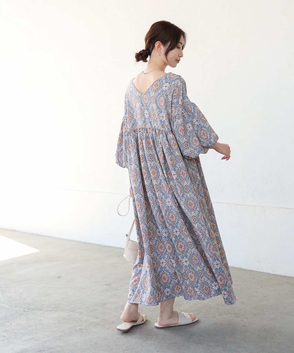 バルーン袖ミドル丈プリントワンピース