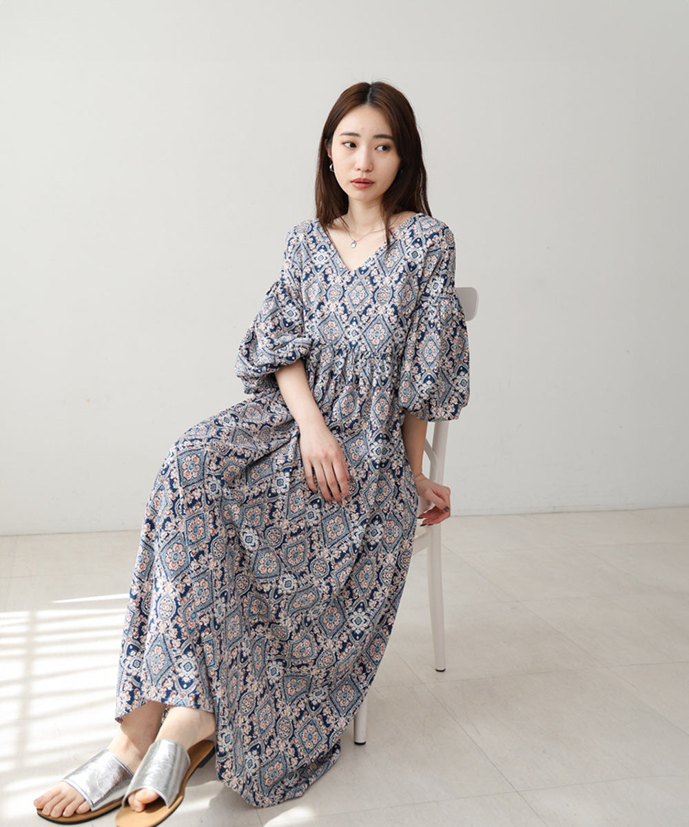 バルーン袖ミドル丈プリントワンピース