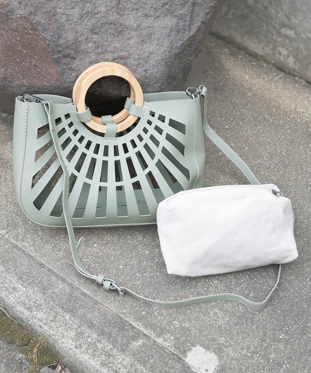 2WAYポーチ付きニュアンスメッシュバンブーバッグ