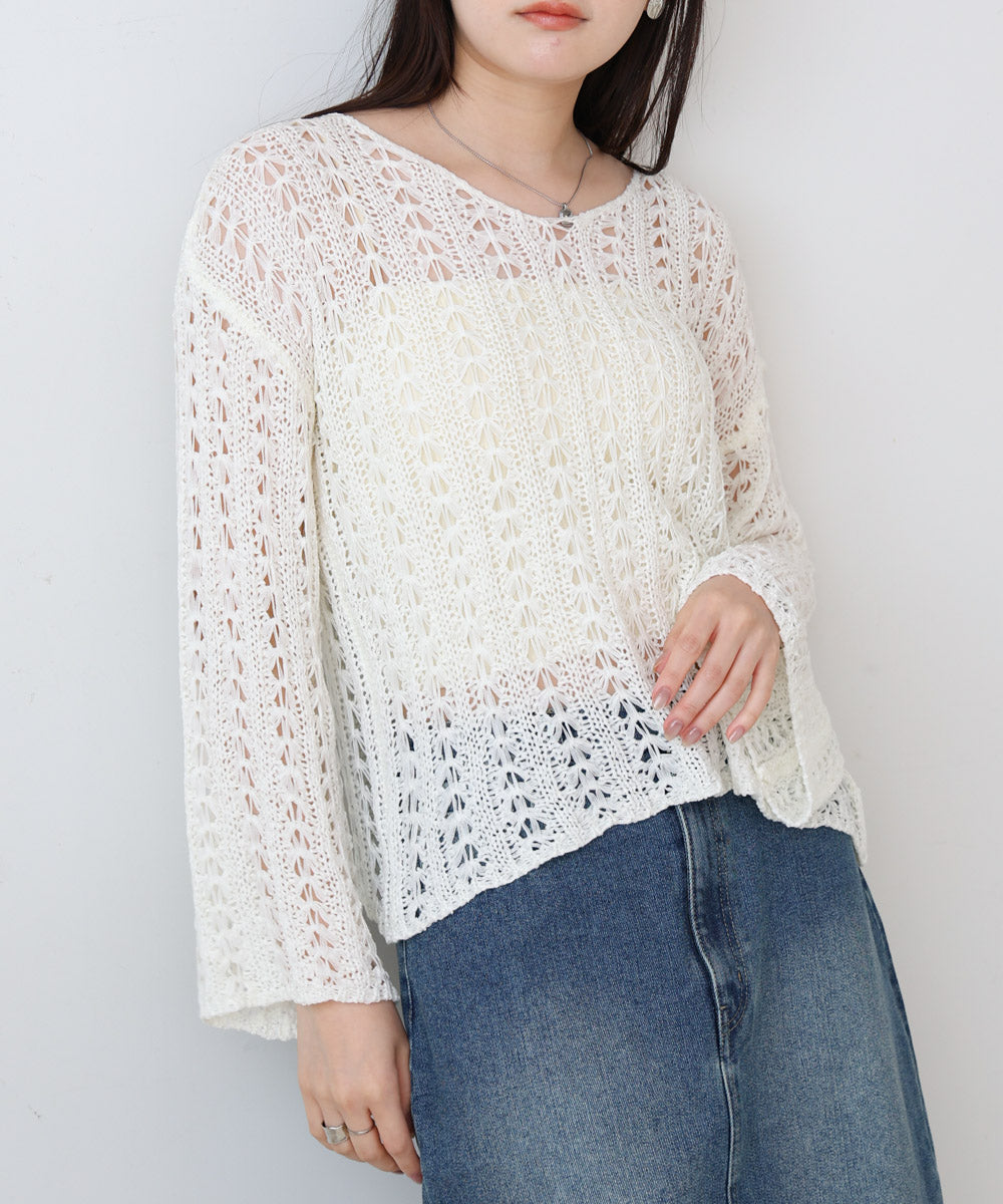 フラワーレース透かし編みトップス