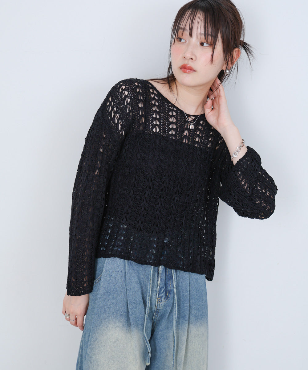 フラワーレース透かし編みトップス