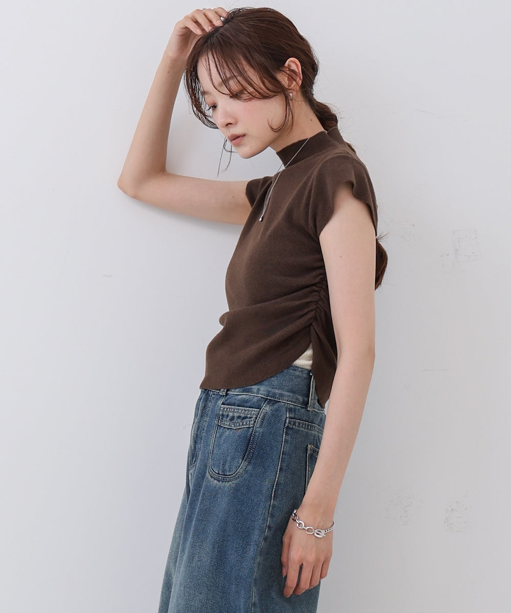 サイドギャザープチハイネックトップス