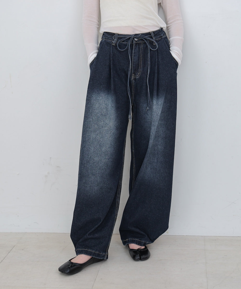 【M・Lサイズ展開】ウエストデザイン ルーズデニムパンツ