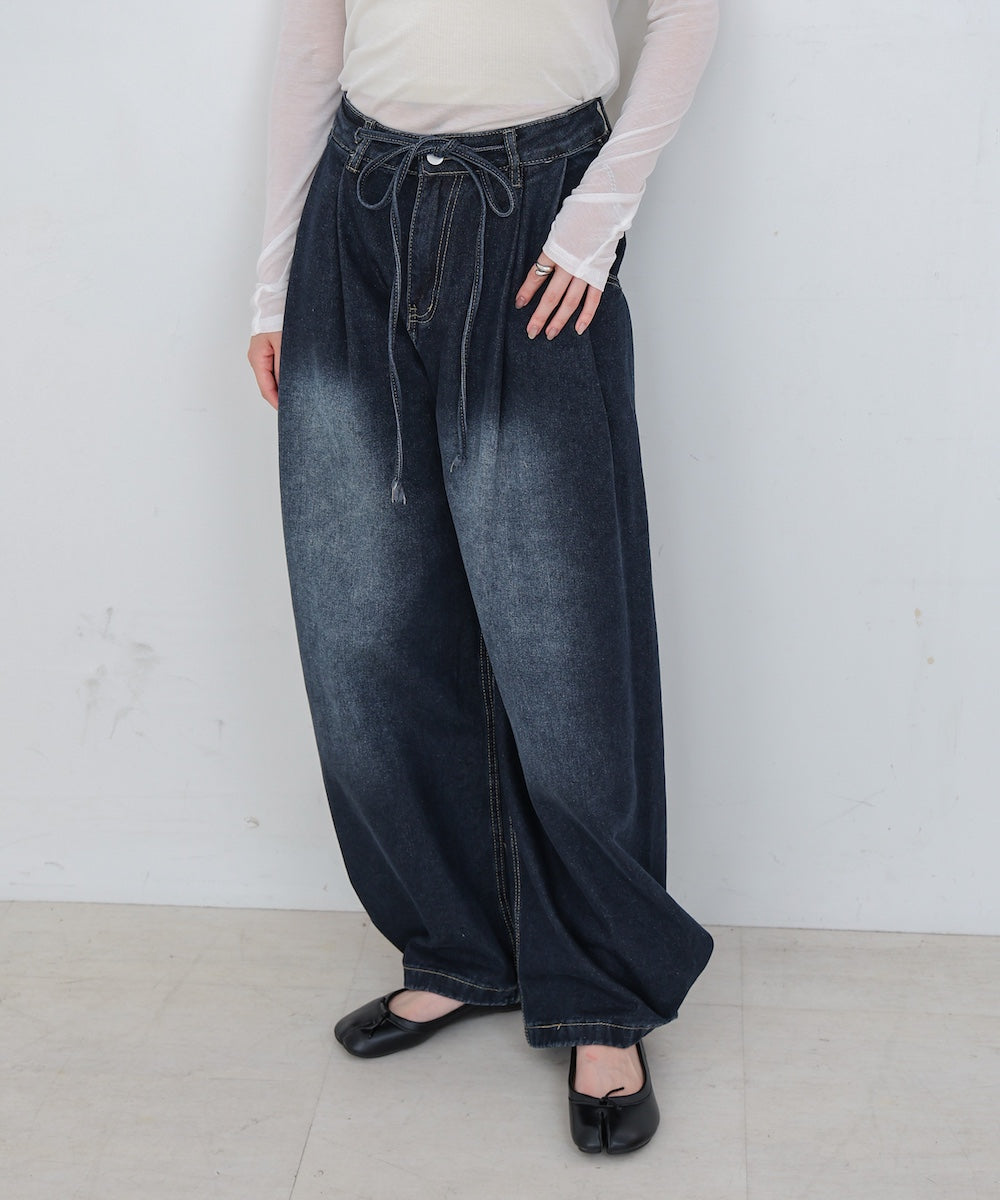 【M・Lサイズ展開】ウエストデザイン ルーズデニムパンツ