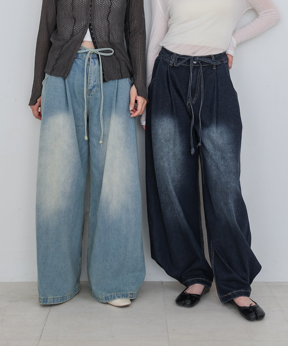 【M・Lサイズ展開】ウエストデザイン ルーズデニムパンツ
