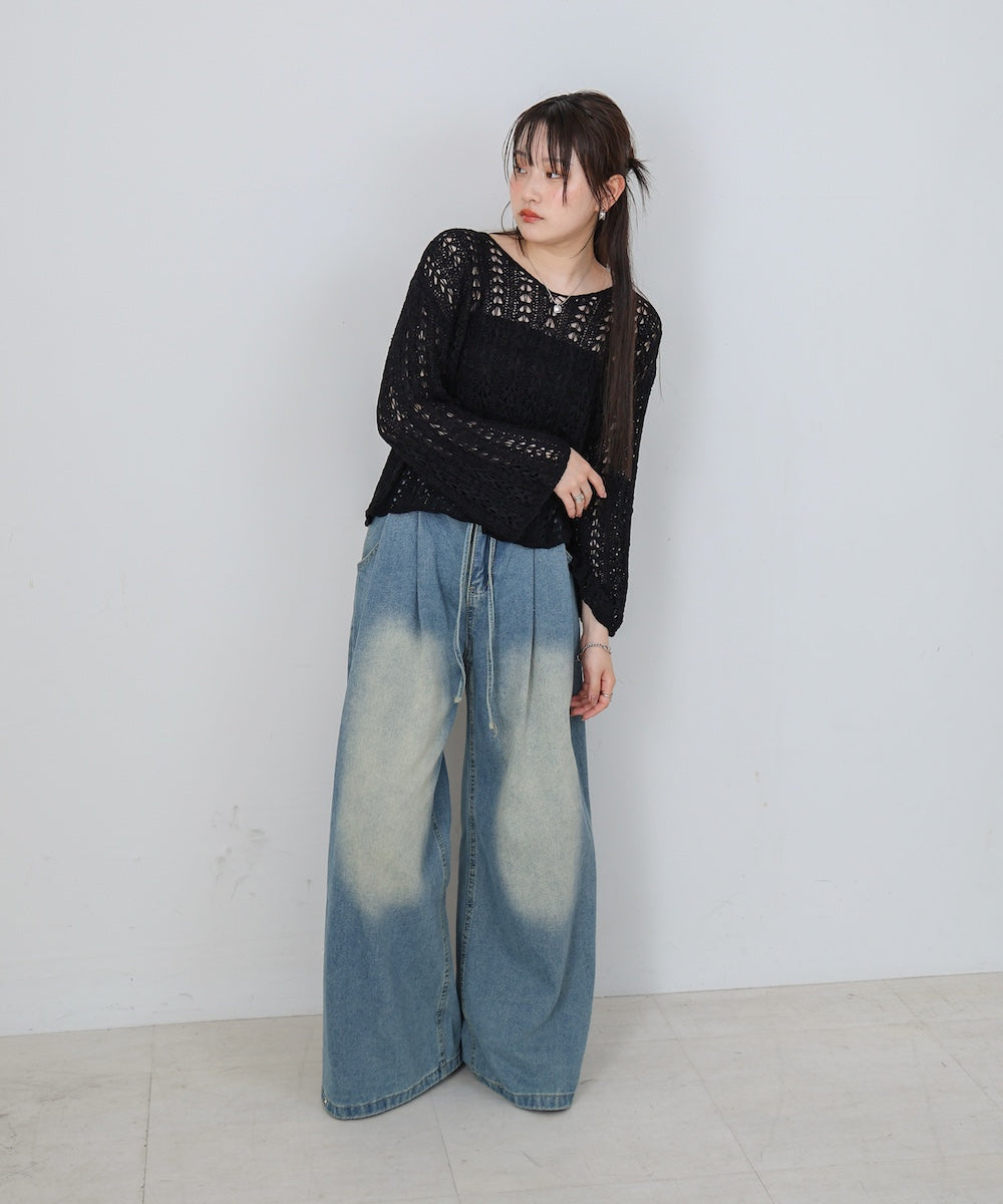 【M・Lサイズ展開】ウエストデザイン ルーズデニムパンツ