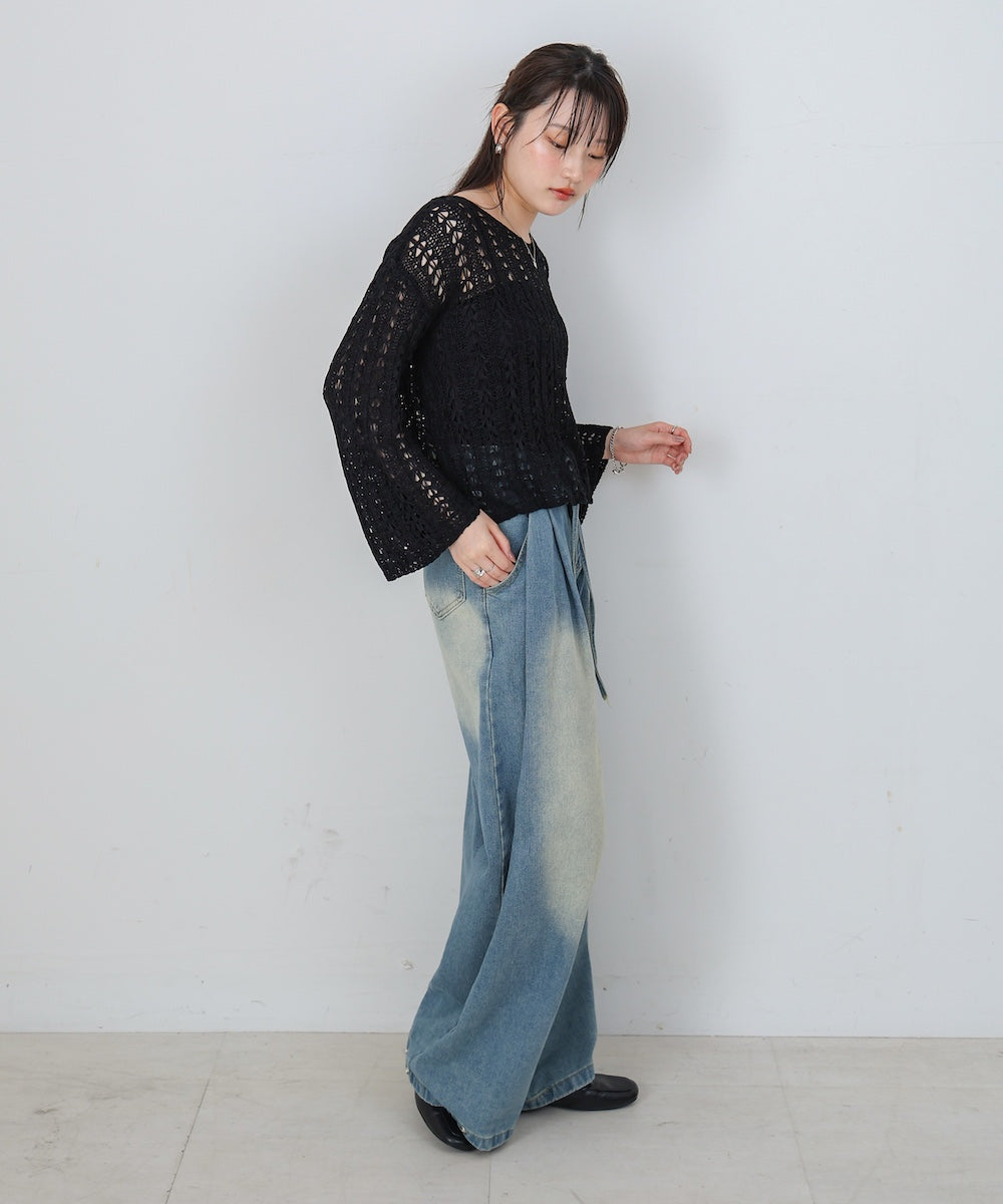 【M・Lサイズ展開】ウエストデザイン ルーズデニムパンツ