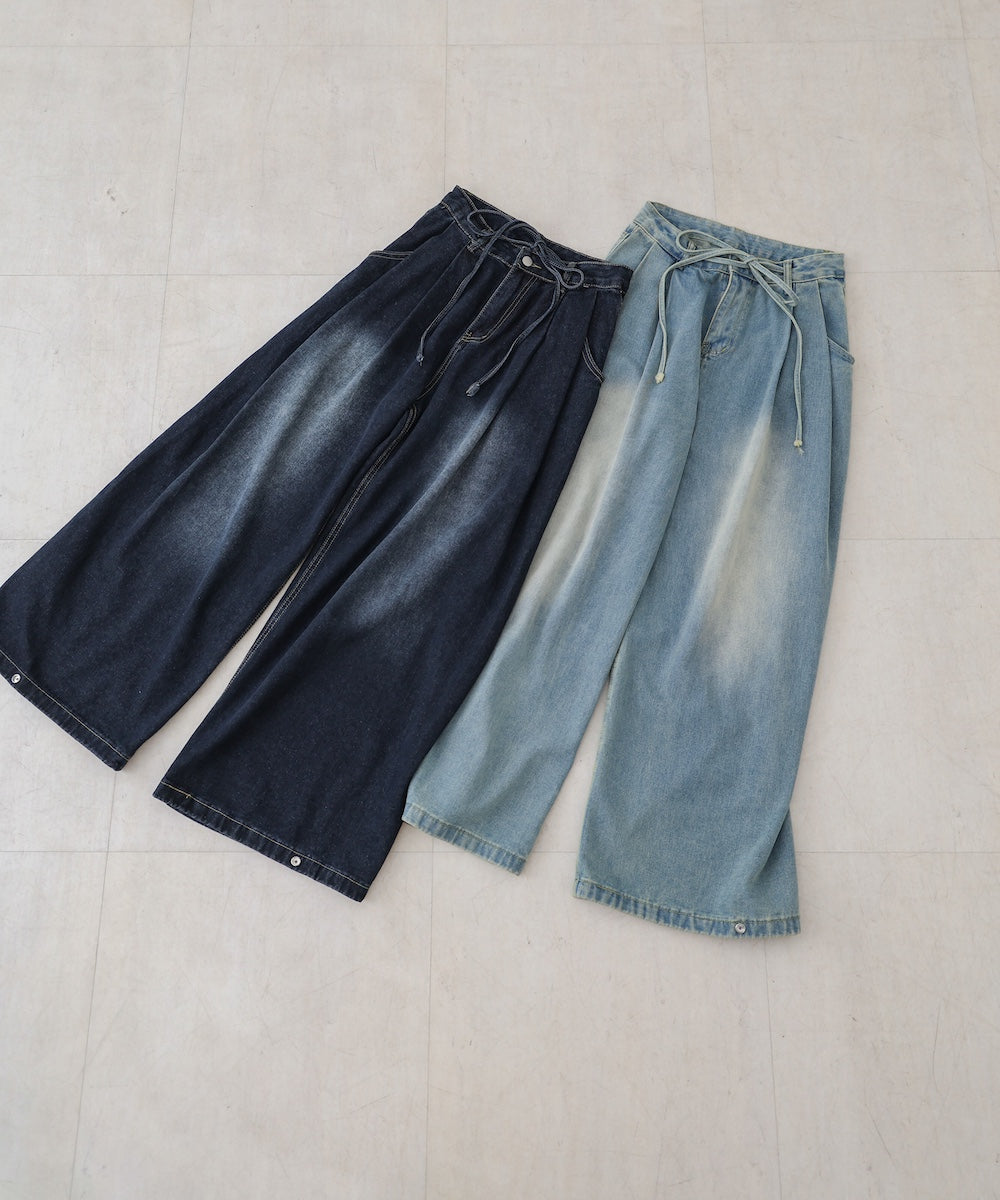 【M・Lサイズ展開】ウエストデザイン ルーズデニムパンツ