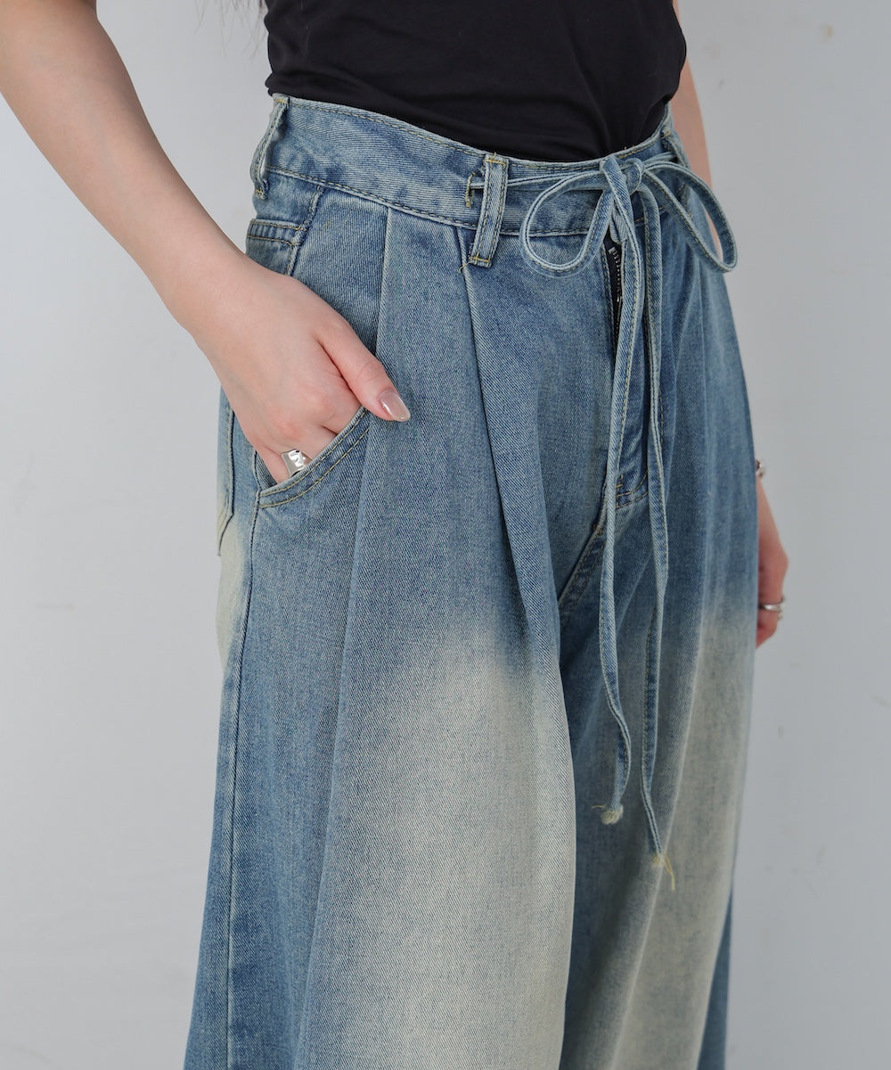 【M・Lサイズ展開】ウエストデザイン ルーズデニムパンツ