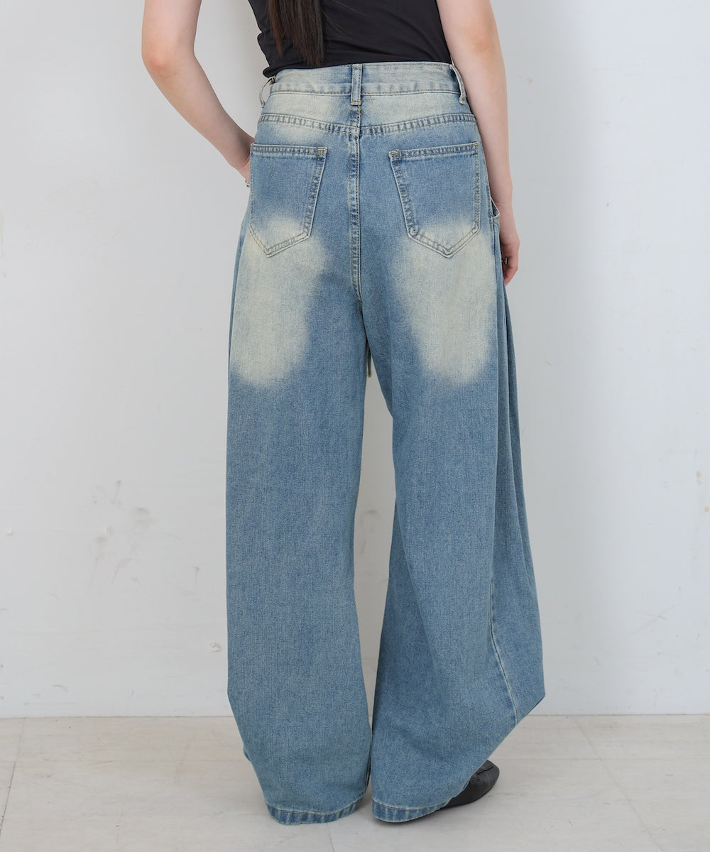 【M・Lサイズ展開】ウエストデザイン ルーズデニムパンツ