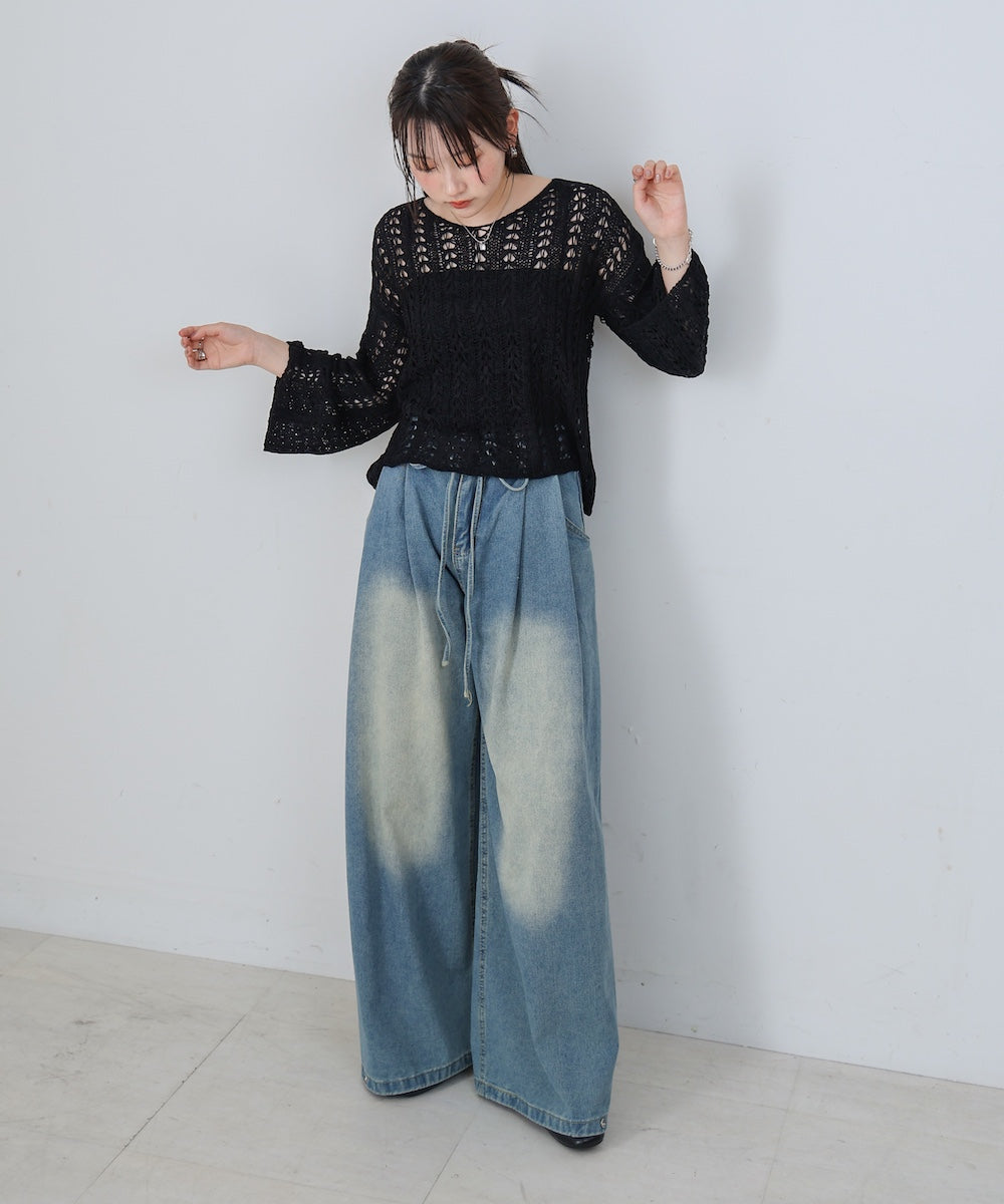 【M・Lサイズ展開】ウエストデザイン ルーズデニムパンツ