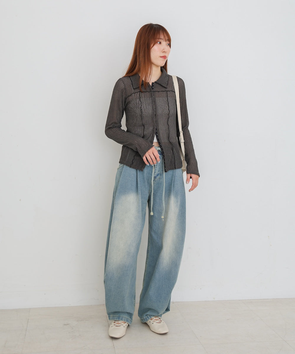 【M・Lサイズ展開】ウエストデザイン ルーズデニムパンツ