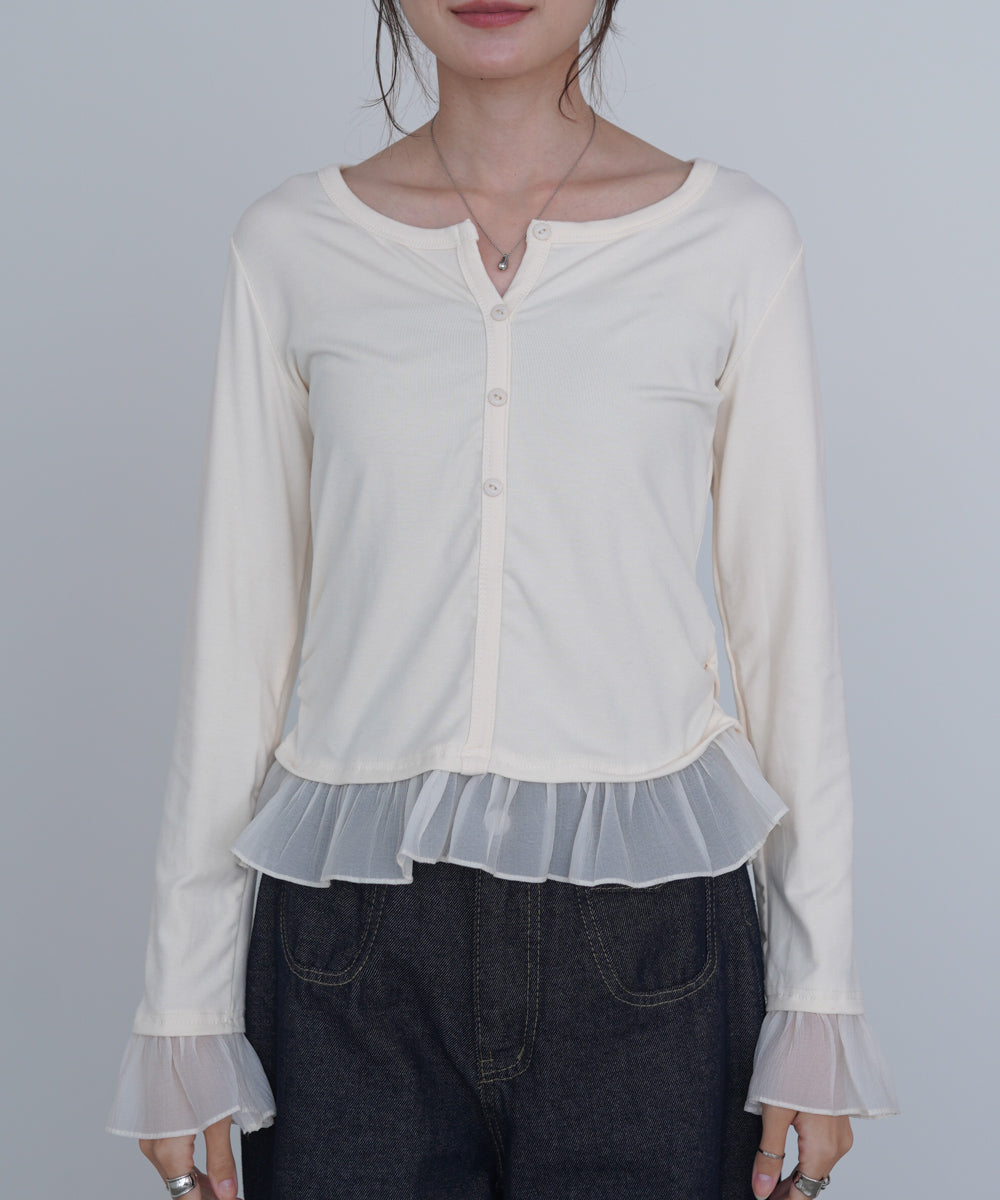裾フリルヘンリーネックカットソー