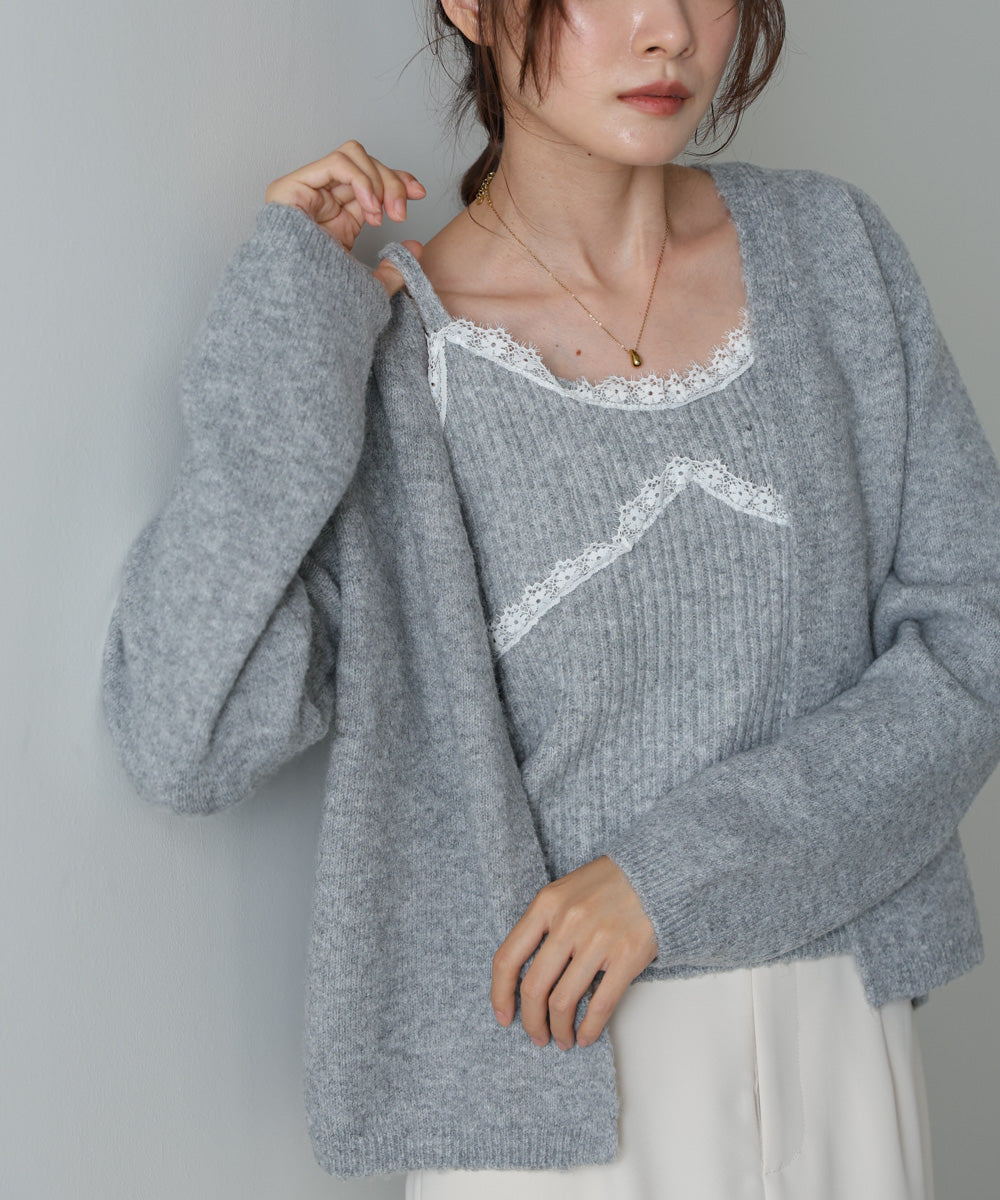 ニットレースキャミ+ニットカーディガンSET