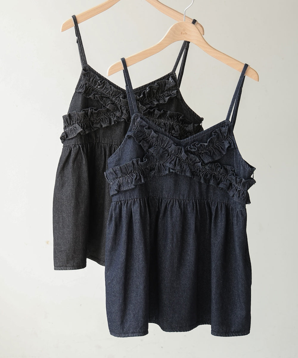 denim ruffle cami tops