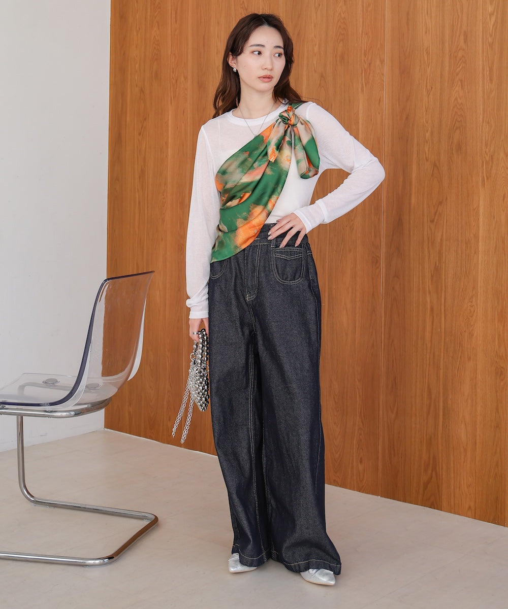 マルチWAY水彩柄サテン大判スカーフ