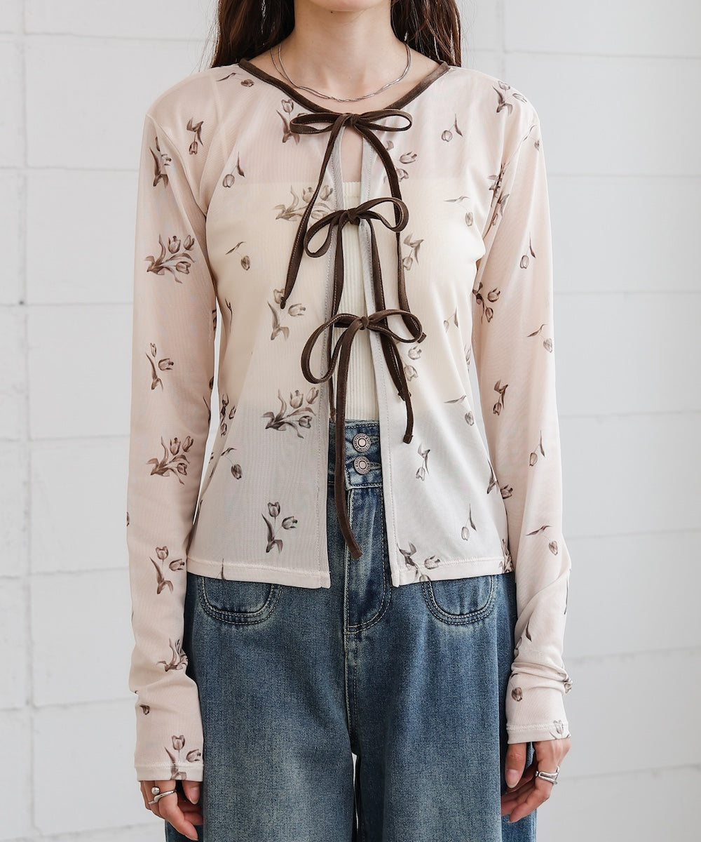 前後2WAY花柄リボンカーディガン