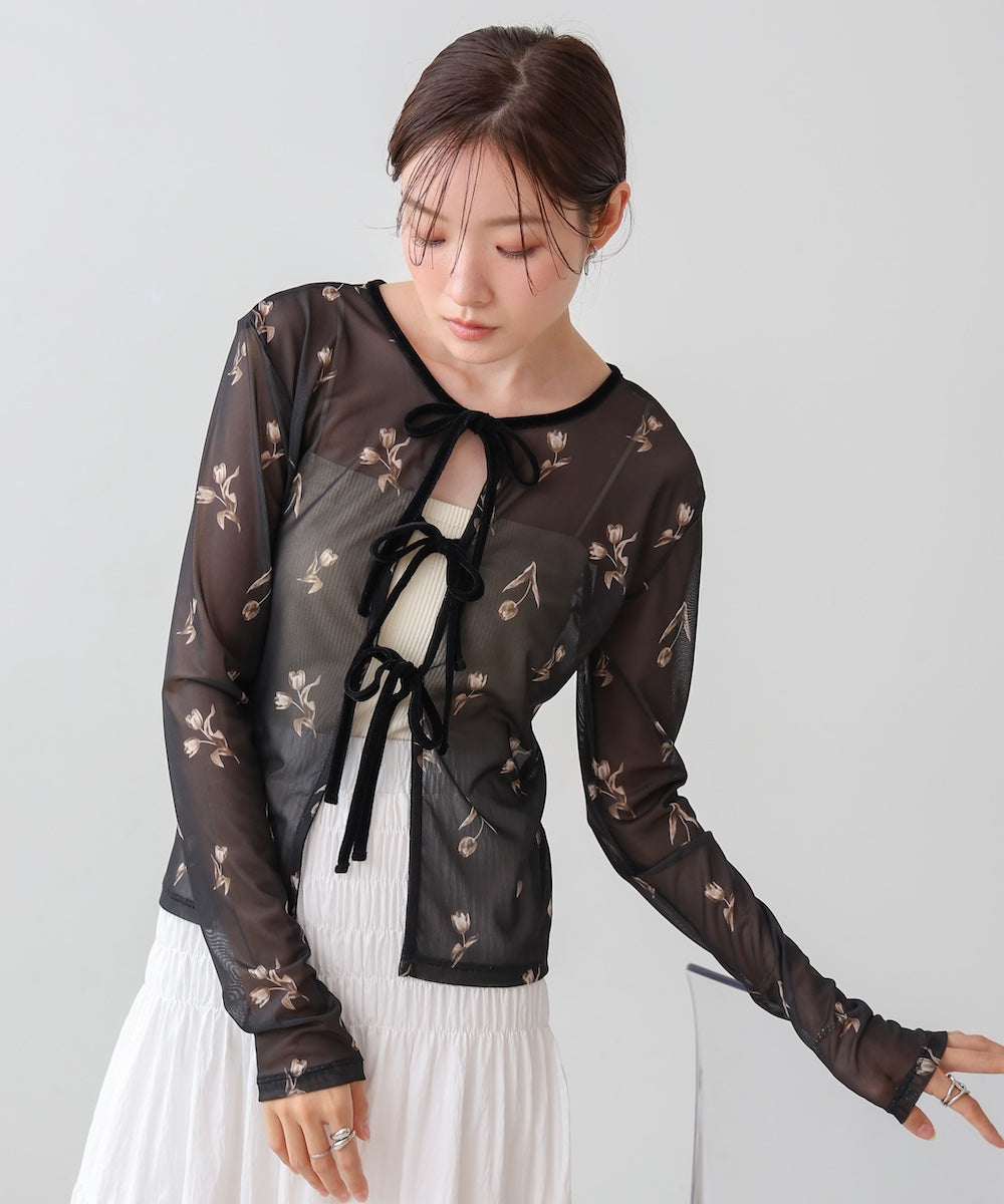 前後2WAY花柄リボンカーディガン