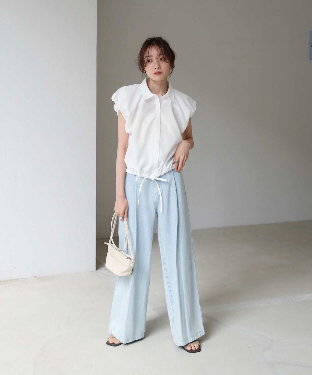 ブロード裾リボンバルーンスリーブシャツ