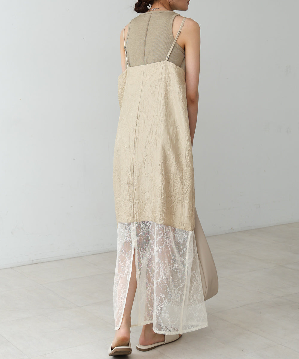 シワ加工サテンチュールレース切替キャミワンピース