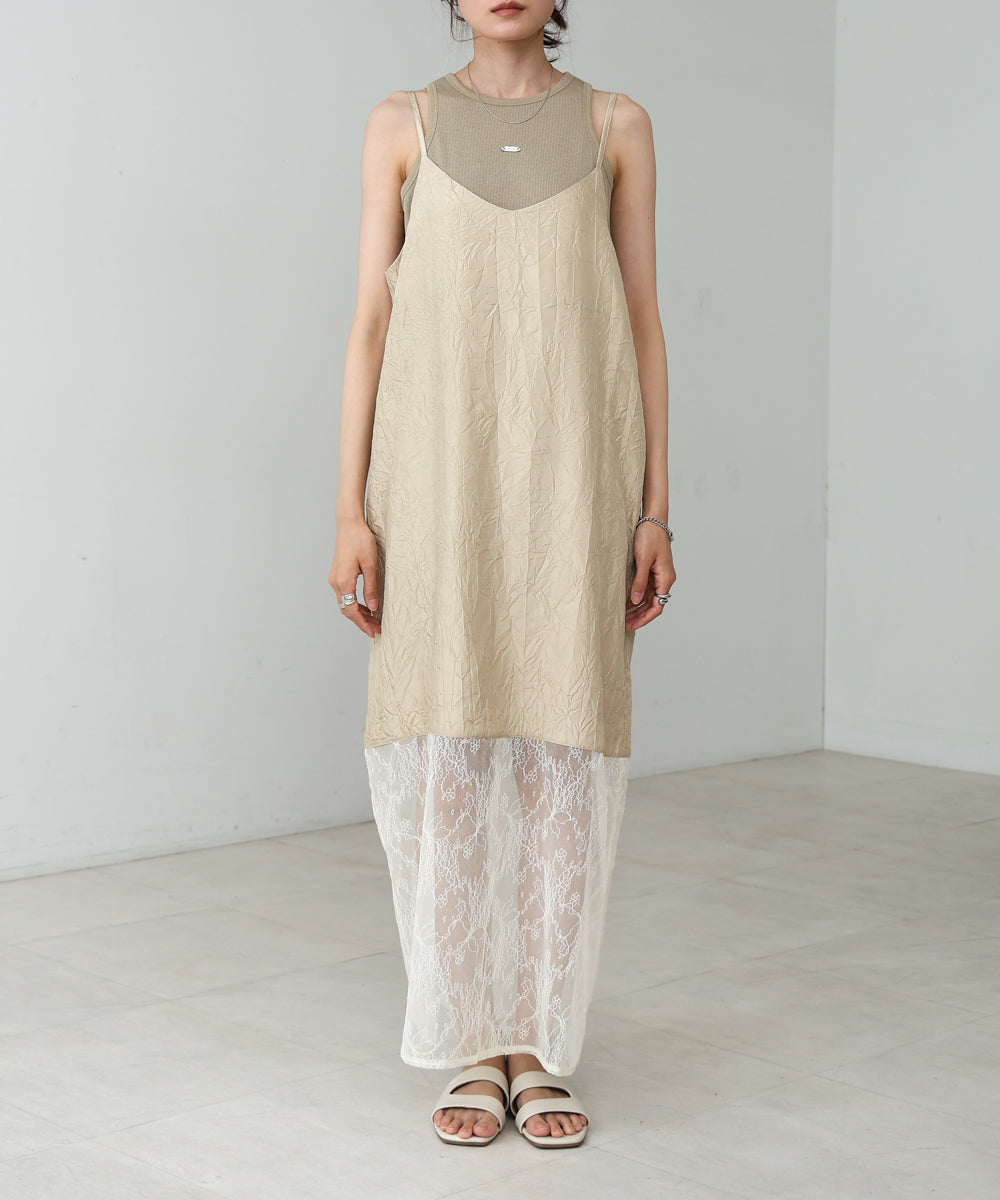 シワ加工サテンチュールレース切替キャミワンピース