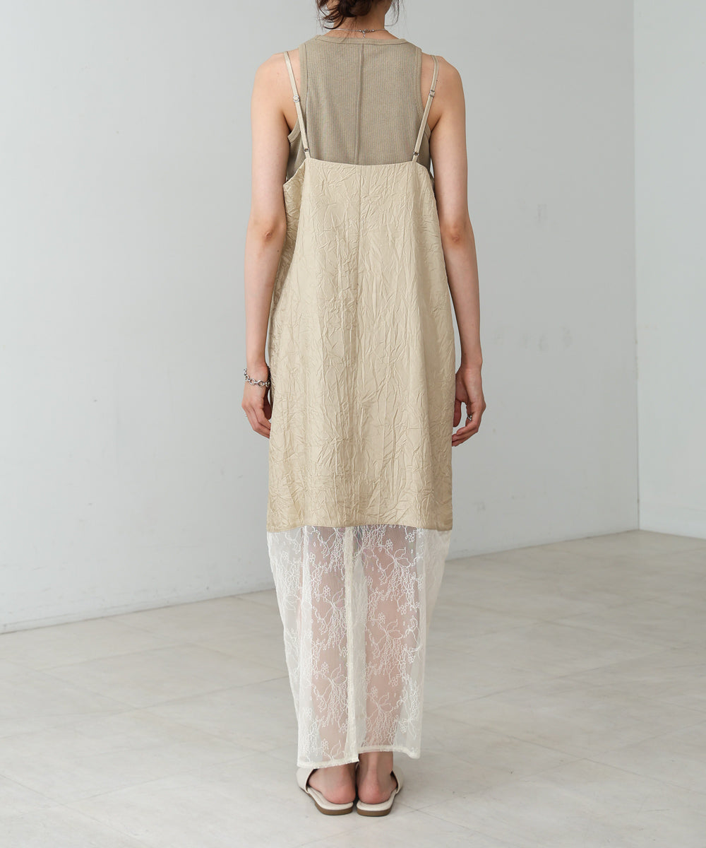 シワ加工サテンチュールレース切替キャミワンピース