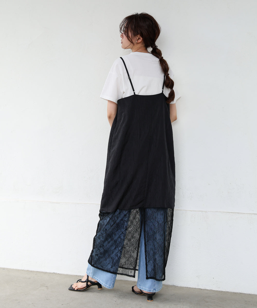 シワ加工サテンチュールレース切替キャミワンピース