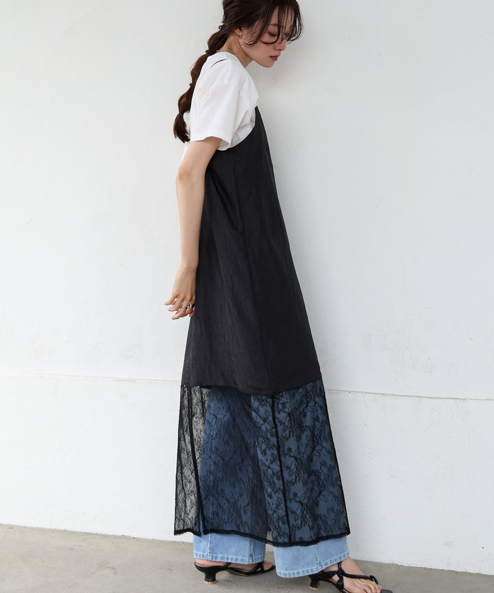 シワ加工サテンチュールレース切替キャミワンピース