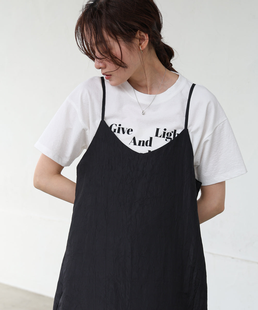 シワ加工サテンチュールレース切替キャミワンピース