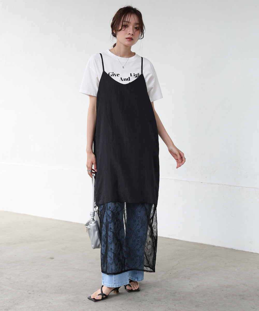 シワ加工サテンチュールレース切替キャミワンピース