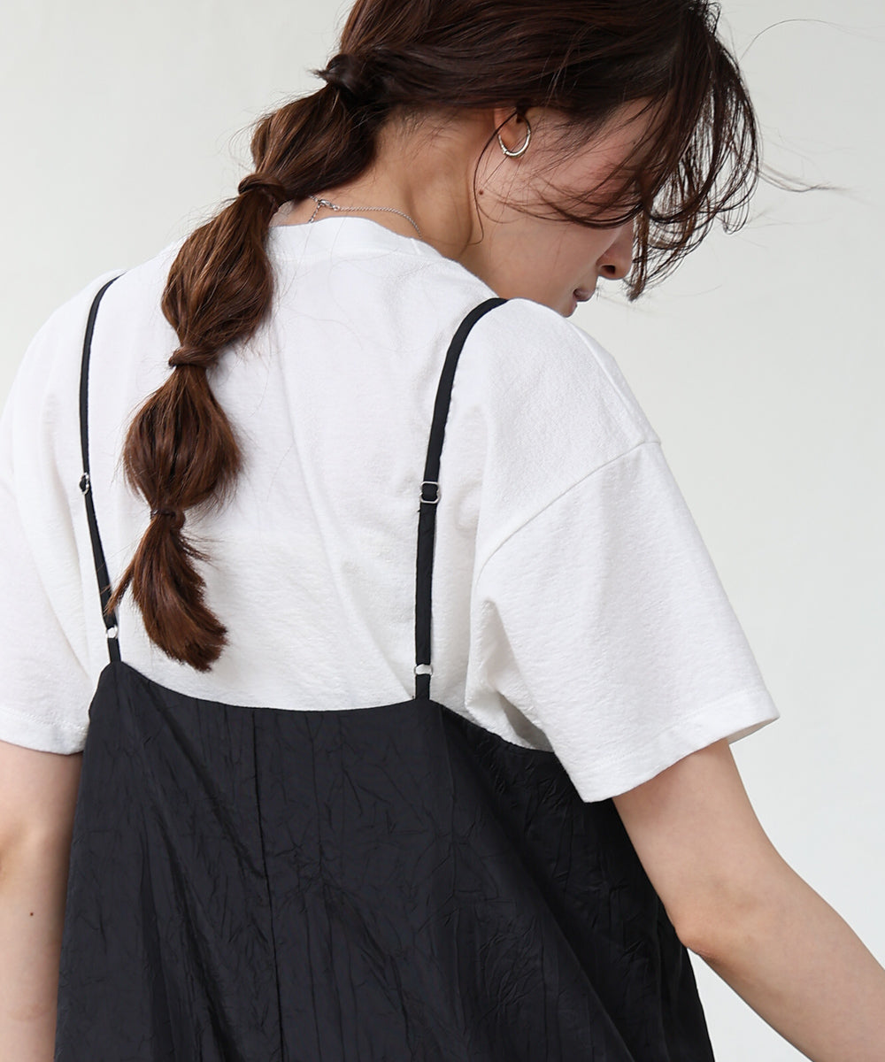 シワ加工サテンチュールレース切替キャミワンピース