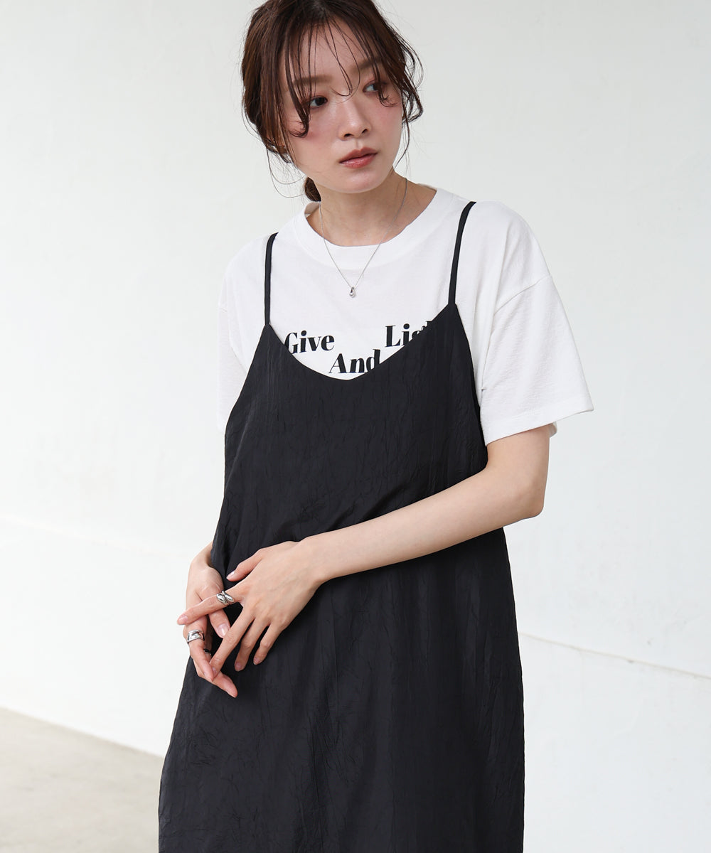 シワ加工サテンチュールレース切替キャミワンピース