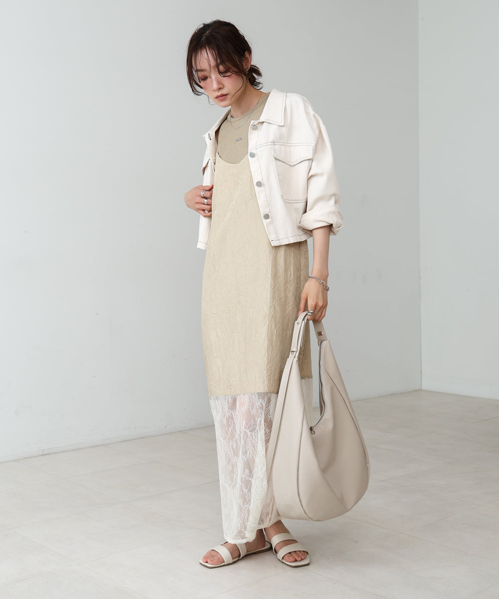 シワ加工サテンチュールレース切替キャミワンピース