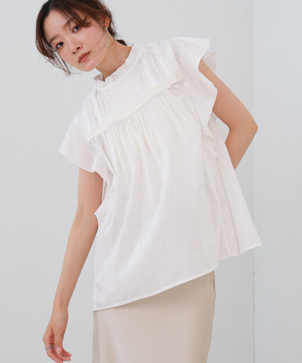 キャンブリックボイル ピンタックフリルブラウス