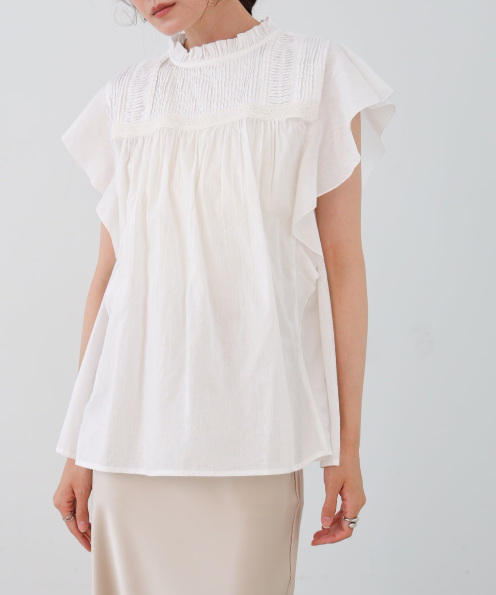 キャンブリックボイル ピンタックフリルブラウス