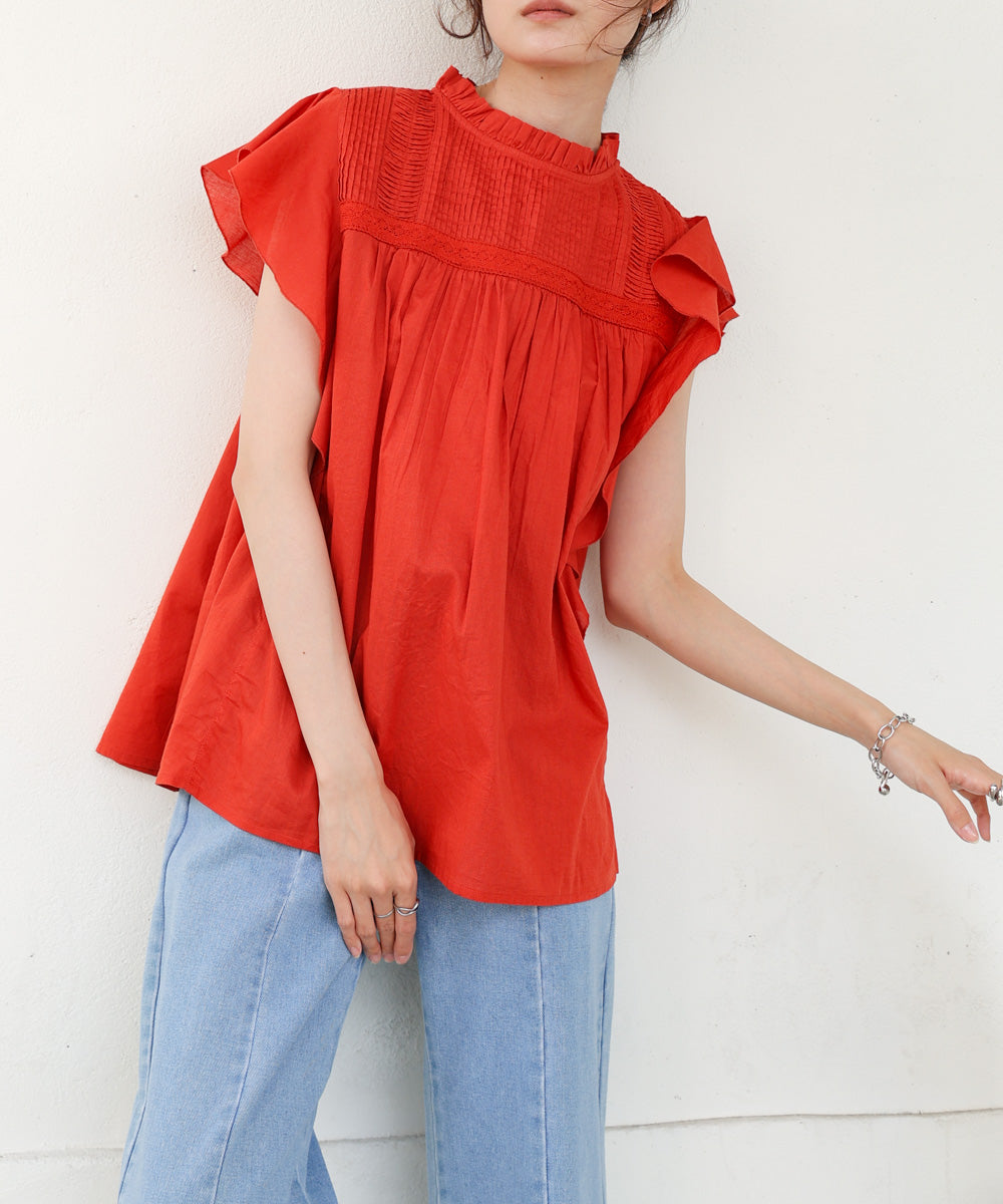 キャンブリックボイル ピンタックフリルブラウス