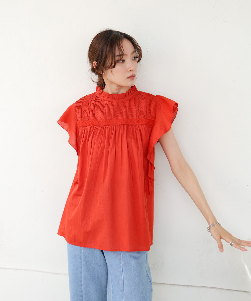 キャンブリックボイル ピンタックフリルブラウス