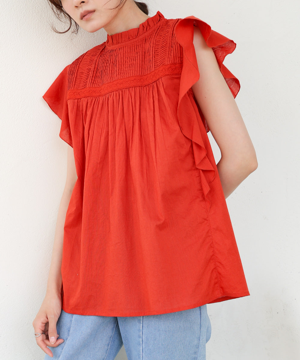 キャンブリックボイル ピンタックフリルブラウス