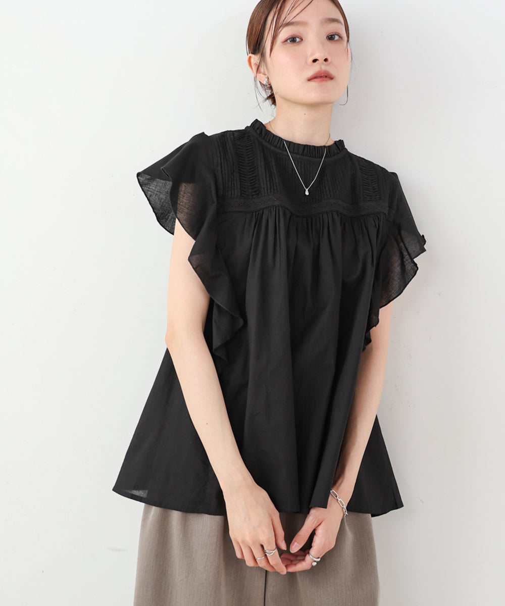 キャンブリックボイル ピンタックフリルブラウス