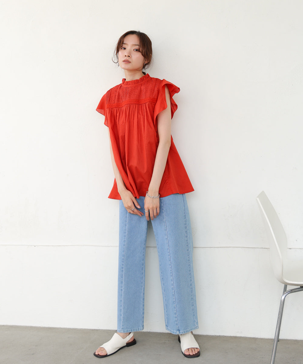 キャンブリックボイル ピンタックフリルブラウス