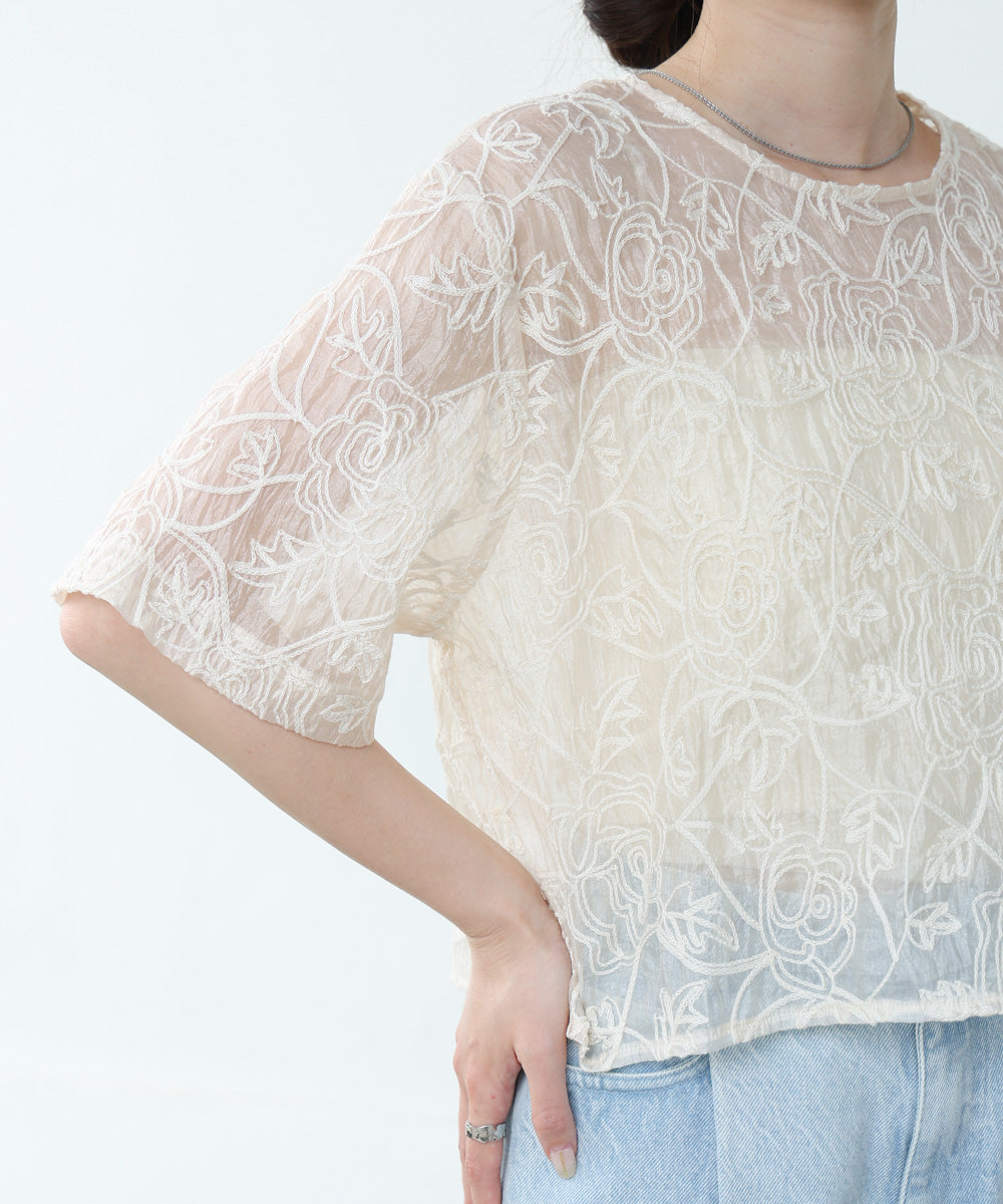 コード刺繍オーガンジーブラウス