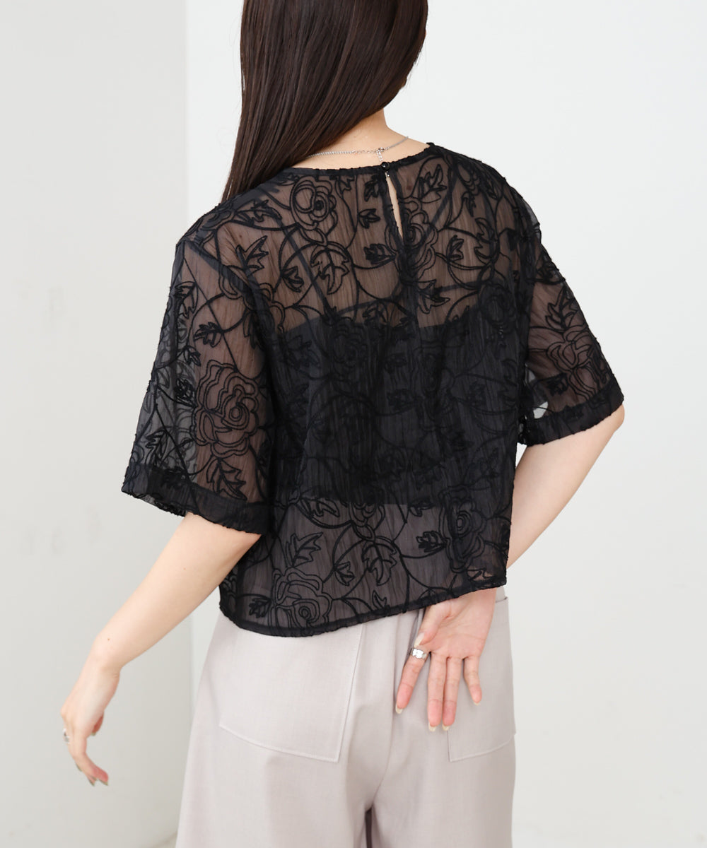 コード刺繍オーガンジーブラウス