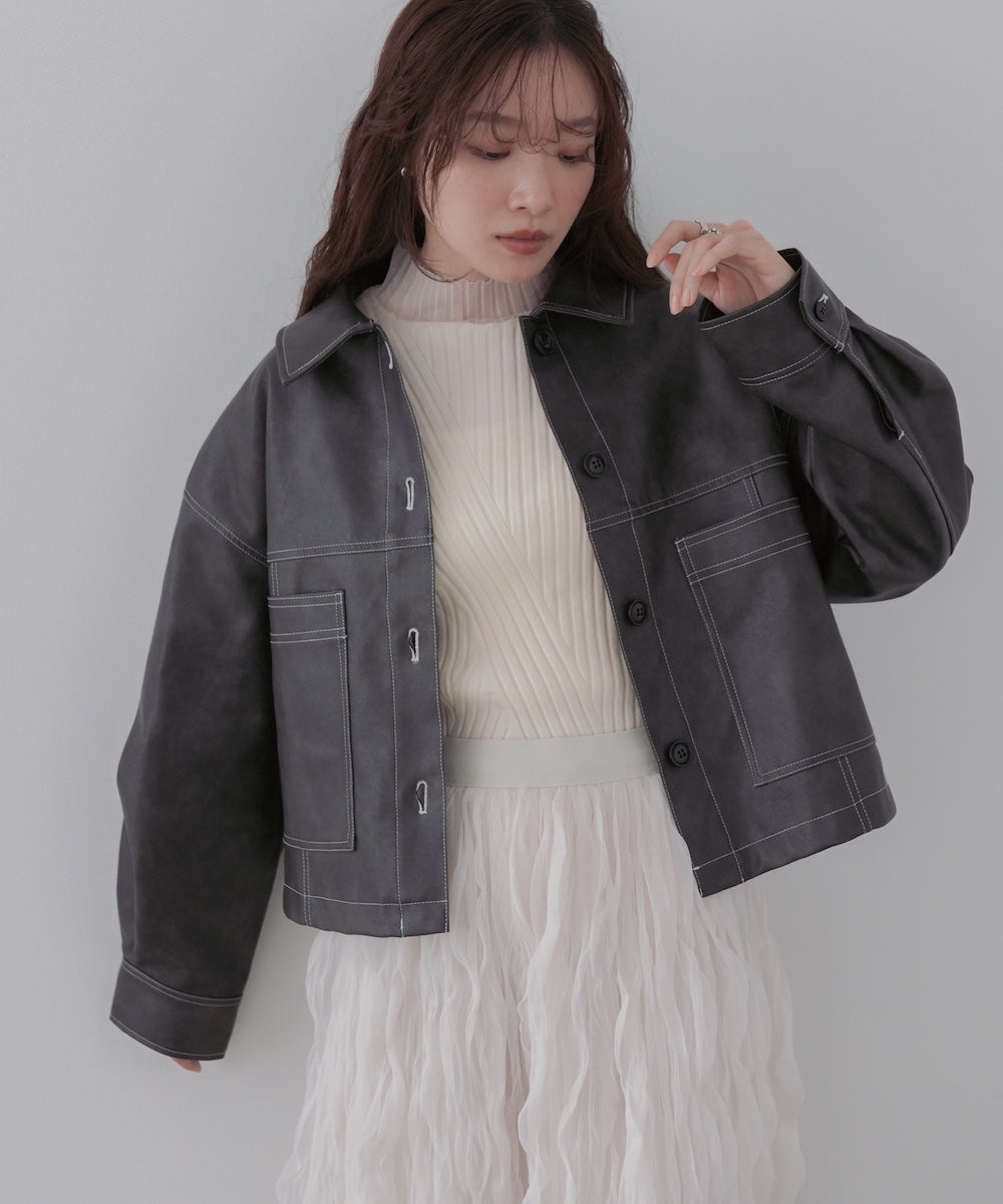 ムラ合皮配色ステッチジャケット