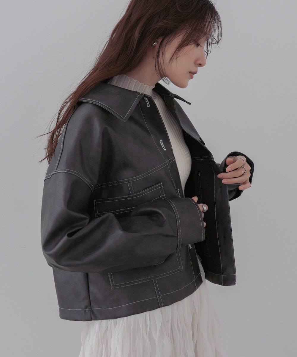 ムラ合皮配色ステッチジャケット