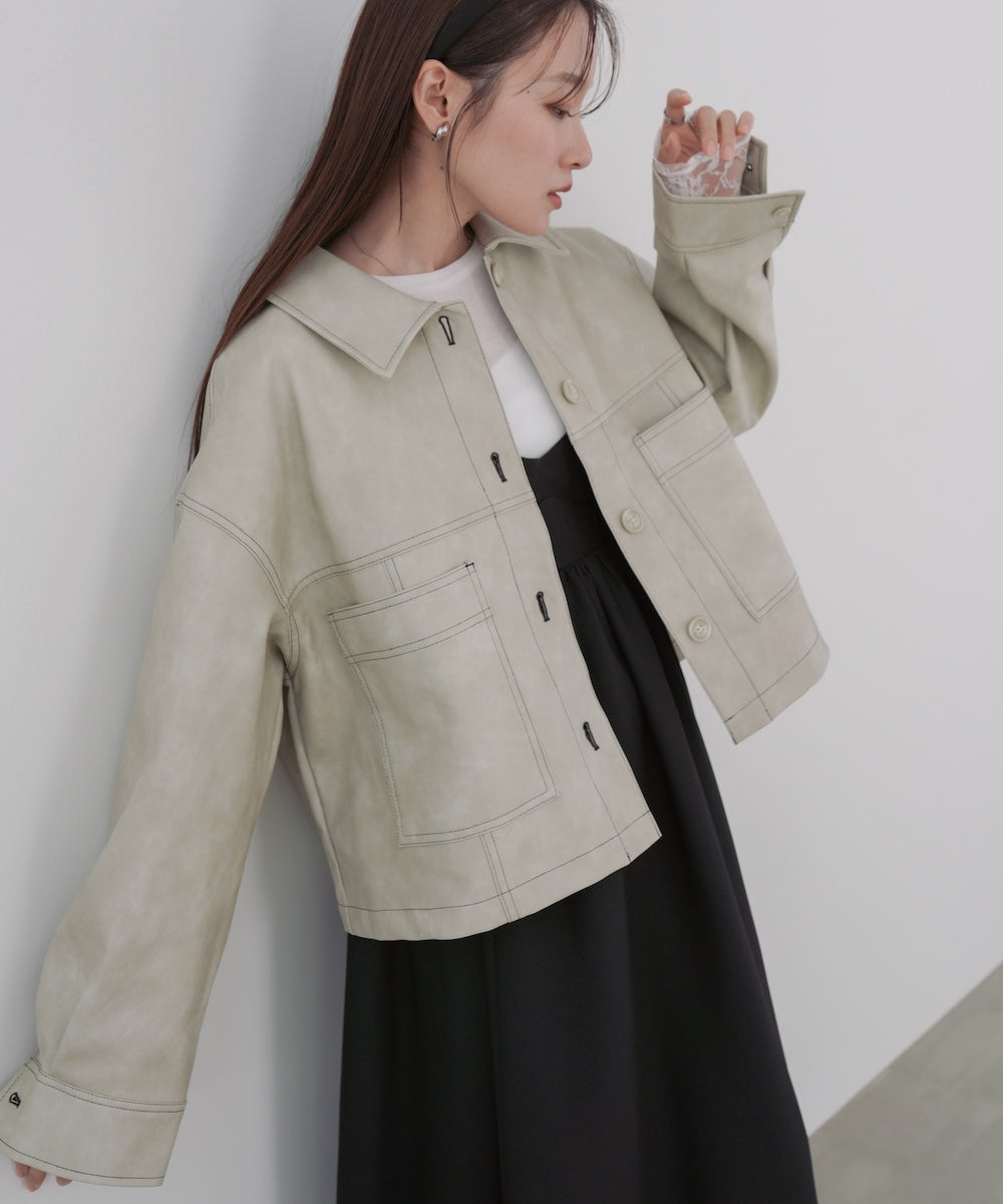 ムラ合皮配色ステッチジャケット